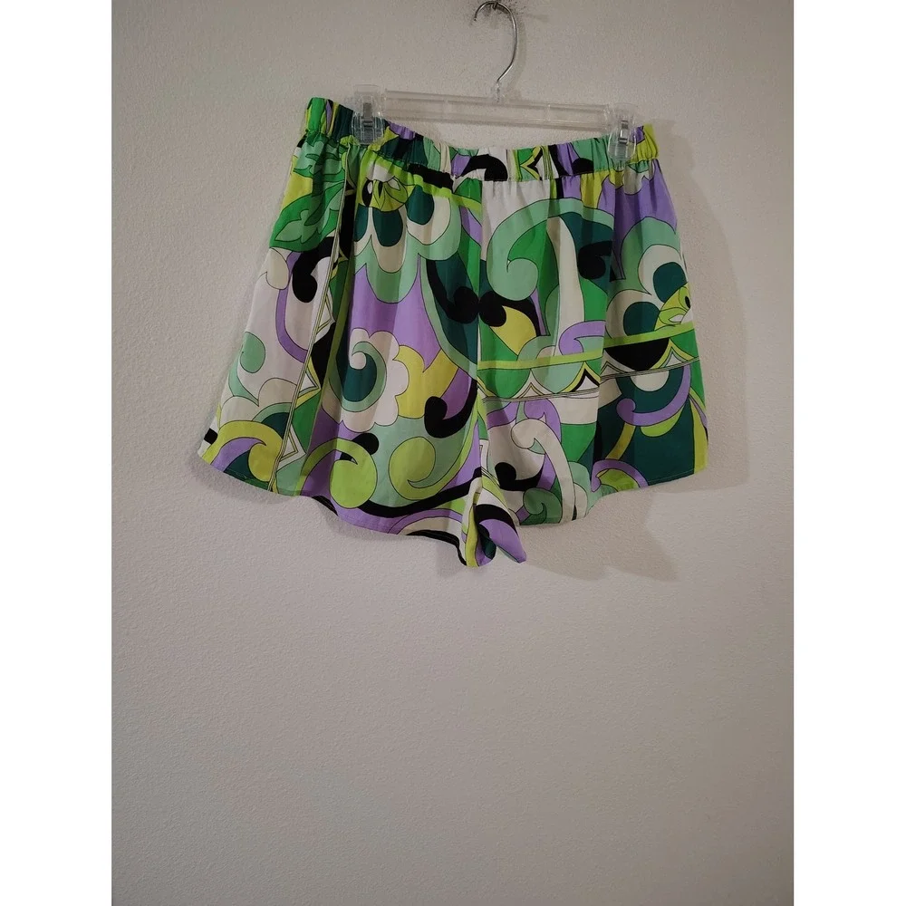 Boohoo Retro Psychedelic Swirl Print Shorts Green Purple US 10 Elastic Waist